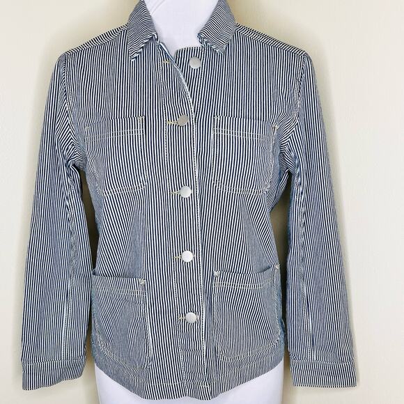 Crown & Ivy Jean Jacket Small Petite Womens Striped Denim Button Up Cotton Blend - Picture 1 of 7